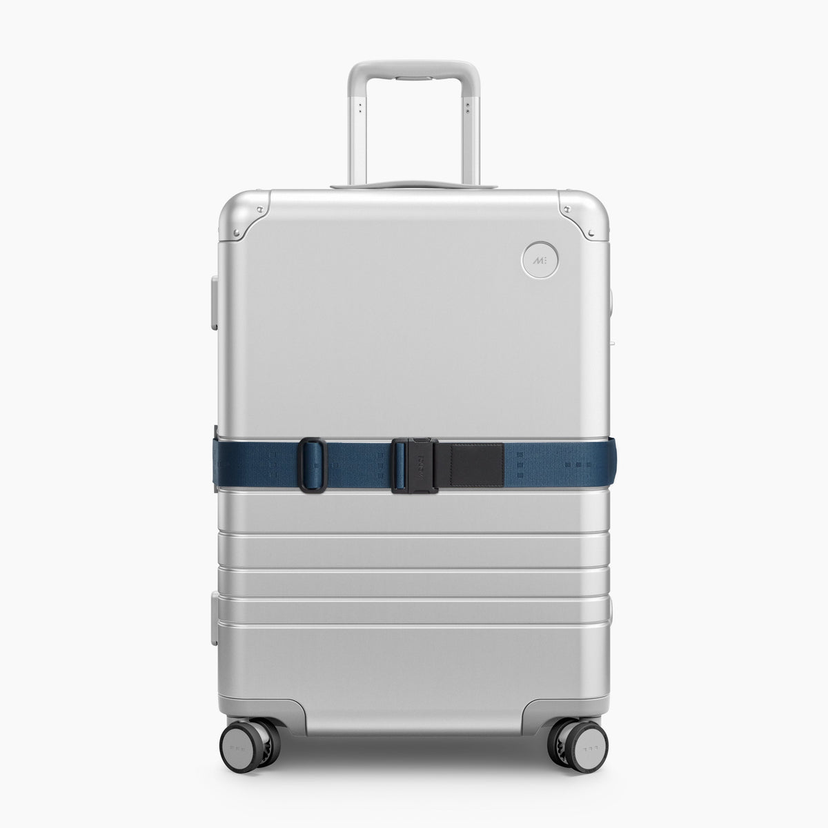 Ocean Blue | Front view of Aluminum suitcase with the Ocean Blue Luggage Strap secured around it