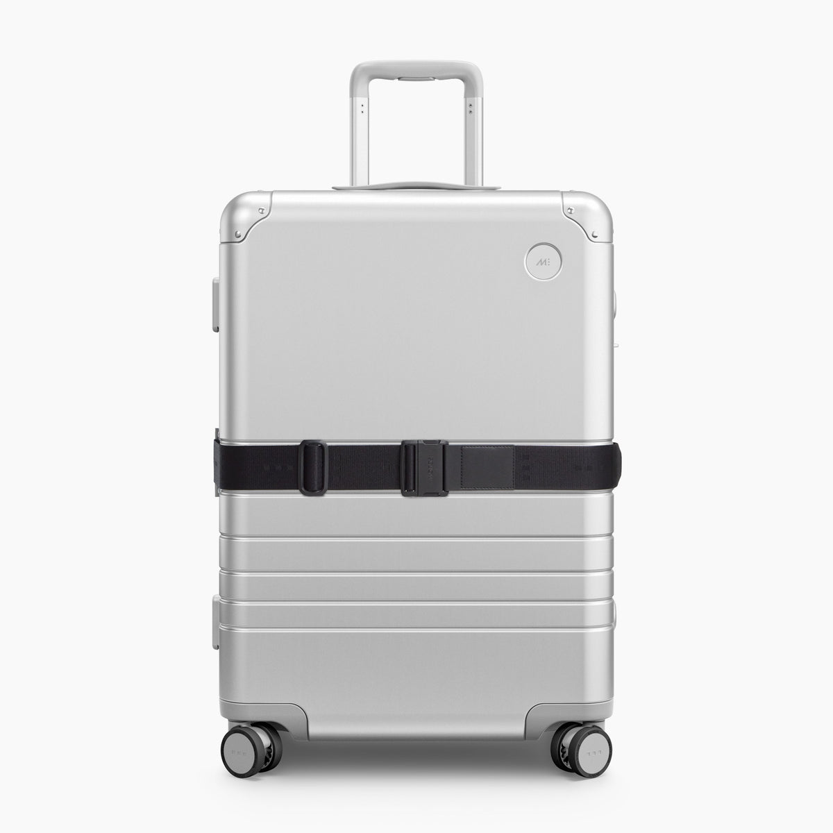 Midnight Black | Front view of Aluminum suitcase with the Midnight Black Luggage Strap secured around it