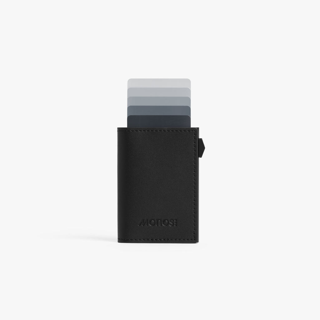 Carbon Black / Black | Front view of Slim Wallet Pro with cards in Carbon Black / Black